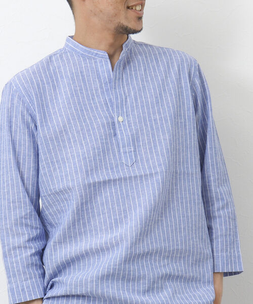 NOLLEY'S goodman(ノーリーズグッドマン)の「リネン混 バンドカラースキッパー7分袖シャツ(シャツ/ブラウス・メンズ・ネイビー/グレー/ブルー・S/M/L)」の3枚目の写真