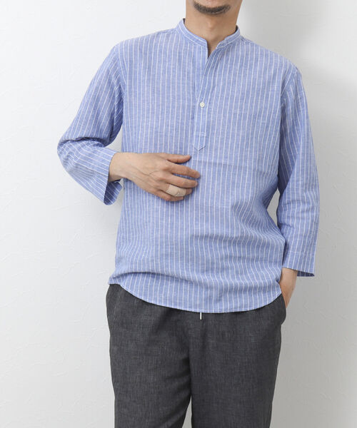 NOLLEY'S goodman(ノーリーズグッドマン)の「リネン混 バンドカラースキッパー7分袖シャツ(シャツ/ブラウス・メンズ・ネイビー/グレー/ブルー・S/M/L)」の4枚目の写真