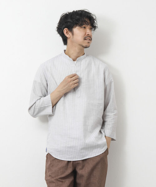 NOLLEY'S goodman(ノーリーズグッドマン)の「リネン混 バンドカラースキッパー7分袖シャツ(シャツ/ブラウス・メンズ・ネイビー/グレー/ブルー・S/M/L)」の6枚目の写真