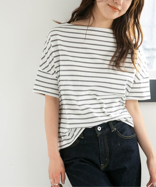 NANO universe（ナノユニバース）の「LB.04/ボーダーワイドドロップTシャツ半袖（Tシャツ/カットソー・レディース・ブラック/ピンク/オフホワイト/グリーン/ベージュ系その他/グレー系その他4・FREE）」の5枚目の写真