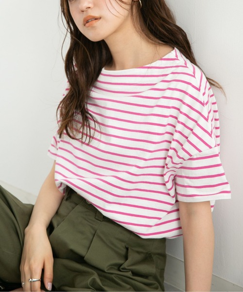 NANO universe（ナノユニバース）の「LB.04/ボーダーワイドドロップTシャツ半袖（Tシャツ/カットソー・レディース・ブラック/ピンク/オフホワイト/グリーン/ベージュ系その他/グレー系その他4・FREE）」の6枚目の写真