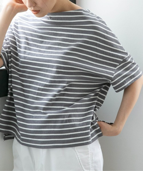 NANO universe（ナノユニバース）の「LB.04/ボーダーワイドドロップTシャツ半袖（Tシャツ/カットソー・レディース・ブラック/ピンク/オフホワイト/グリーン/ベージュ系その他/グレー系その他4・FREE）」の4枚目の写真