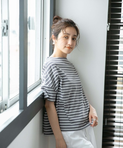 NANO universe（ナノユニバース）の「LB.04/ボーダーワイドドロップTシャツ半袖（Tシャツ/カットソー・レディース・ブラック/ピンク/オフホワイト/グリーン/ベージュ系その他/グレー系その他4・FREE）」の13枚目の写真