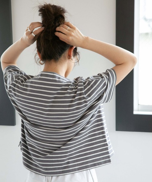 NANO universe（ナノユニバース）の「LB.04/ボーダーワイドドロップTシャツ半袖（Tシャツ/カットソー・レディース・ブラック/ピンク/オフホワイト/グリーン/ベージュ系その他/グレー系その他4・FREE）」の15枚目の写真