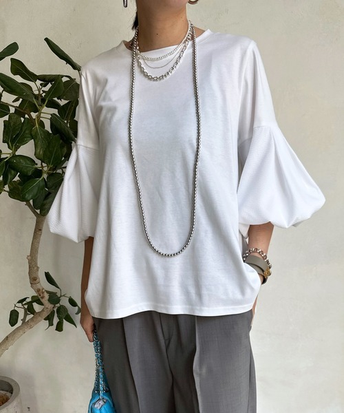 DouDou　バルーンスリーブカットソー DouDou（ドゥドゥ）の「異素材切替バルーンスリーブトップス（T