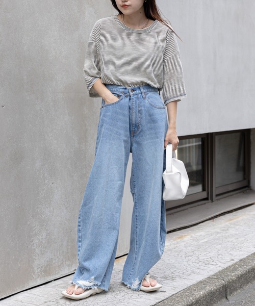 CIAOPANIC TYPY(チャオパニックティピー)の「シアーボーダー配色ステッチ半袖TEE(Tシャツ/カットソー・レディース・チャコールグレー/スカイブルー/アイボリー・ONE SIZE)」の19枚目の写真