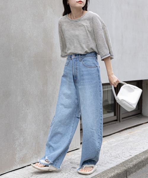 CIAOPANIC TYPY(チャオパニックティピー)の「シアーボーダー配色ステッチ半袖TEE(Tシャツ/カットソー・レディース・チャコールグレー/スカイブルー/アイボリー・ONE SIZE)」の15枚目の写真