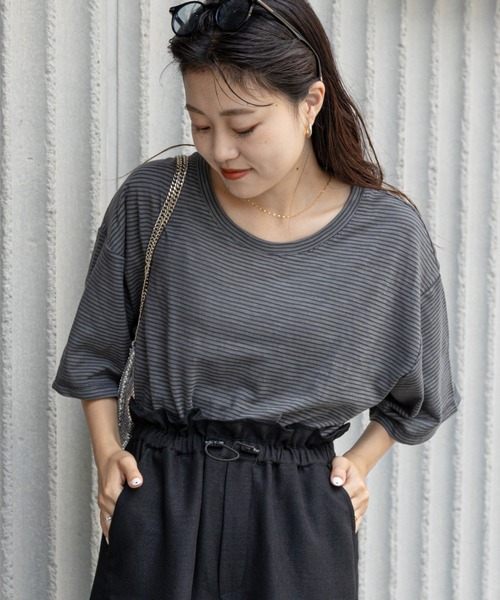 CIAOPANIC TYPY(チャオパニックティピー)の「シアーボーダー配色ステッチ半袖TEE(Tシャツ/カットソー・レディース・チャコールグレー/スカイブルー/アイボリー・ONE SIZE)」の5枚目の写真