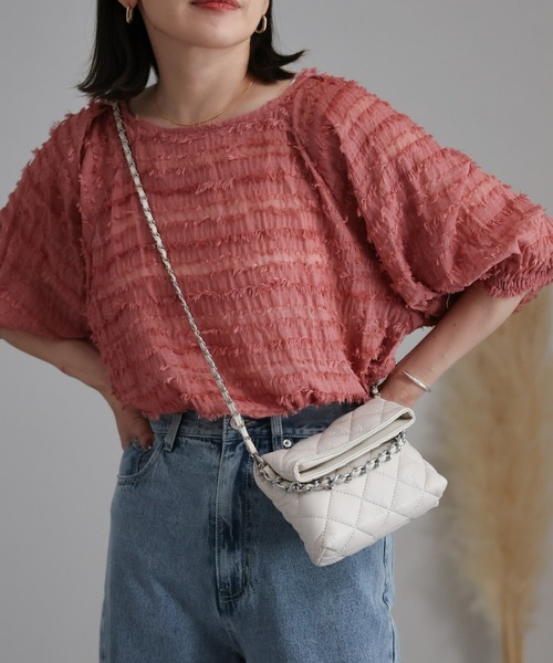 ap retro(アプレトロ)の「フリンジシアージャガードトップス(Tシャツ/カットソー・レディース・ピンク/ブラック/オフホワイト・FREE)」の3枚目の写真
