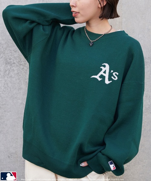 MLB(メジャーリーグベースボール)の「MLB/エムエルビー MLB 別注ジャガードクルーネックニット/プルオーバーニット/ユニセックス(限定展開)(ニット/セーター・メンズ・グリーン/ネイビー/ブラック/サックスブルー/アッシュグレー/ブルー・SMALL/MEDIUM/LARGE)」の1枚目の写真
