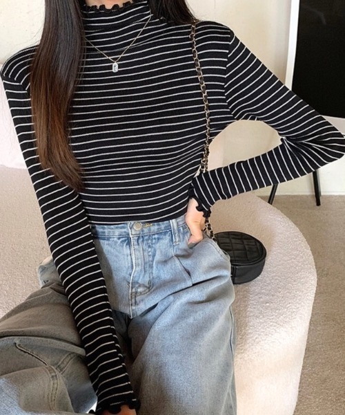 SHEENA(シーナ)の「ボーダーハイネックストレッチプルオーバー(Tシャツ/カットソー・レディース・ベージュ/ホワイト/ブラック/ブラウン・M)」の3枚目の写真
