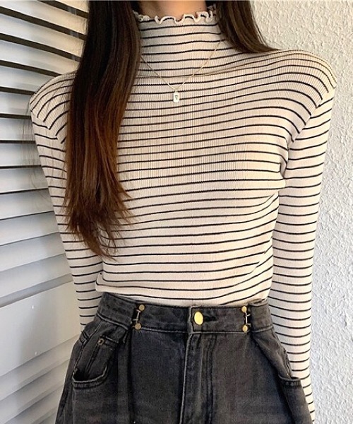 SHEENA(シーナ)の「ボーダーハイネックストレッチプルオーバー(Tシャツ/カットソー・レディース・ベージュ/ホワイト/ブラック/ブラウン・M)」の18枚目の写真