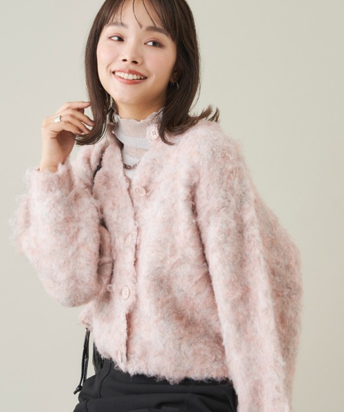 meyame メヤメ　フラッフィープルオーバー　カーディガン　モヘア混　ピンク Shelly island（シェリーアイランド）の「モヘアタッチMIXカラー