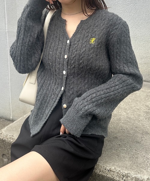 グレー ケーブルニット カーディガン Mサイズ MONO-MART（モノマート） カーディガン ケーブルボリュームニット
