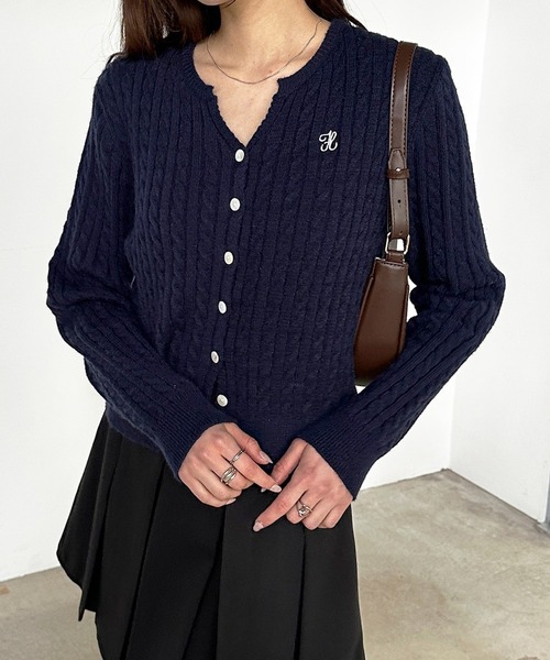 LRL ケーブルニットカーディガン ネイビー ﾗｽﾃｨｯｸﾛｰﾌﾞ/ ケーブル ニット カーディガン セーター ＜ネイビー