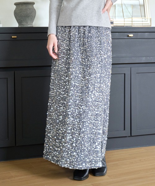 セール】スパンコールキラキララメ加工スリットロングスカート