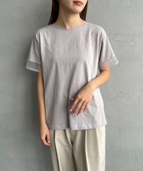 By/m（バイエム）の「[By/m/バイエム] シアー切り替え ショートスリーブＴシャツ（Tシャツ/カットソー・レディース・ライトグレー/オフホワイト/ブラック・F）」の7枚目の写真