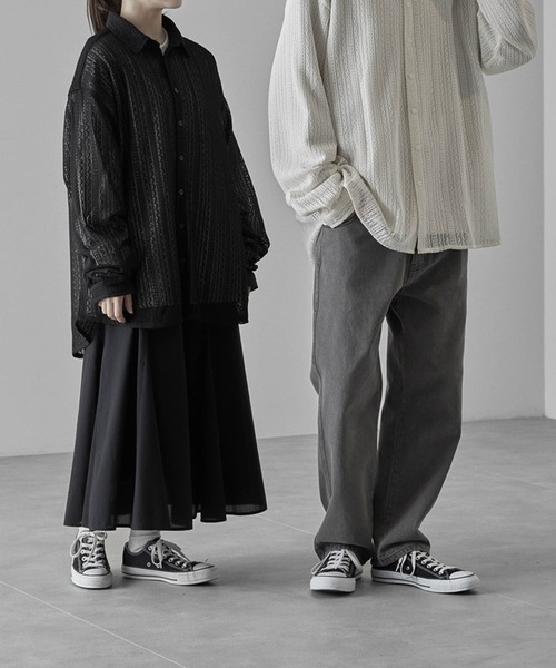 ガニー 美品 24SS ロゴ　メッシュクロップドシャツ ルーシュシャツ シアー シアーレースジャガード ルーズシルエットオープンカラーシャツ