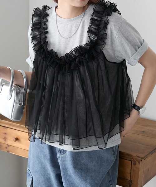 BONLECILL（ボンルシール）の「3way チュールビスチェドッキングTEE（Tシャツ/カットソー・レディース・杢グレー/オフホワイト/アイボリー/ブラック・FREE）」の10枚目の写真