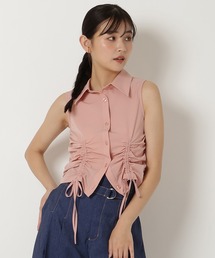 リボン付きノースリーブトップス ピンク黒 XSサイズあり【Glossy/グロッシー】襟付き/ ノースリーブ