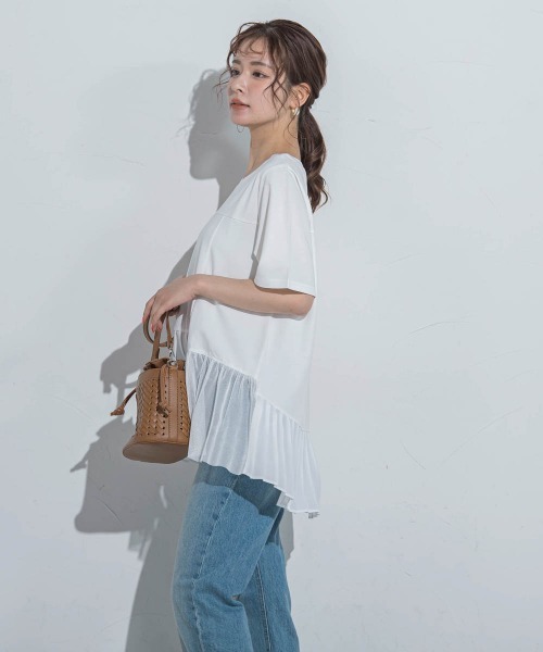 VICKY(ビッキー)の「【気映えトップス】メッシュプリーツドッキングTシャツ≪手洗い可能≫(Tシャツ/カットソー・レディース・ブラック/ホワイト・M)」の3枚目の写真