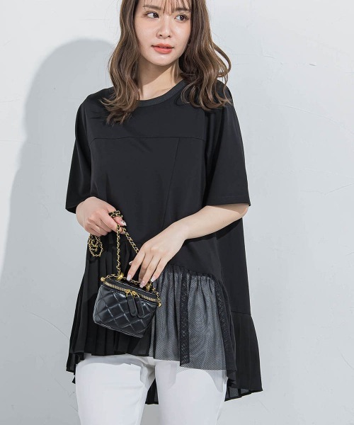 VICKY(ビッキー)の「【気映えトップス】メッシュプリーツドッキングTシャツ≪手洗い可能≫(Tシャツ/カットソー・レディース・ブラック/ホワイト・M)」の9枚目の写真