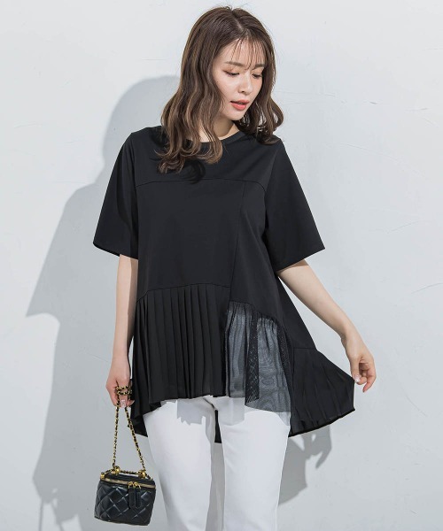 VICKY(ビッキー)の「【気映えトップス】メッシュプリーツドッキングTシャツ≪手洗い可能≫(Tシャツ/カットソー・レディース・ブラック/ホワイト・M)」の15枚目の写真