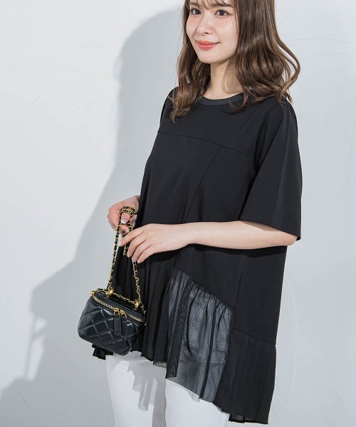 VICKY(ビッキー)の「【気映えトップス】メッシュプリーツドッキングTシャツ≪手洗い可能≫(Tシャツ/カットソー・レディース・ブラック/ホワイト・M)」の11枚目の写真