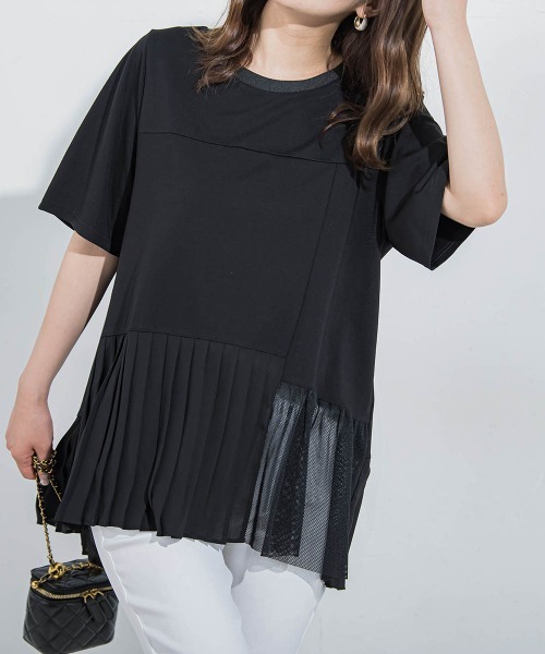 VICKY(ビッキー)の「【気映えトップス】メッシュプリーツドッキングTシャツ≪手洗い可能≫(Tシャツ/カットソー・レディース・ブラック/ホワイト・M)」の12枚目の写真