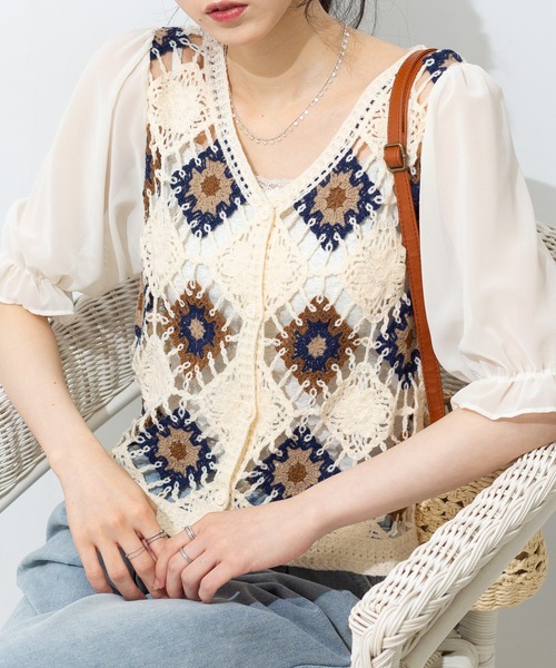 tシャツ カギ針モチーフドッキング　ボートネックP/O レディース セール】カギ針モチーフドッキング ボートネックP/O（Tシャツ