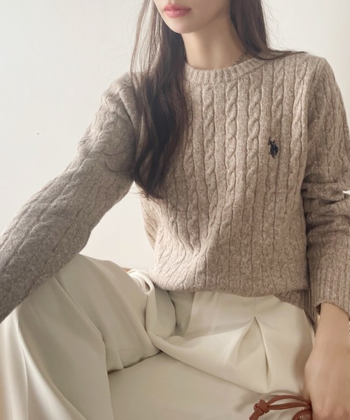 U.S. POLO ASSN.（ユーエスポロアッスン）の「U.S. POLO ASSN. 総ケーブルデザイン クルーネック ニット（ニット/セーター・レディース・アイボリー/チャコール/ベージュ/ライトブルー/ピンク/ブラウン・M/L）」の13枚目の写真