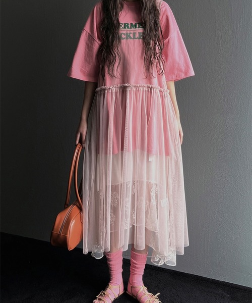 LYEON(リヨン)の「チュールキャミソールワンピース(ワンピース・レディース・オフホワイト/スモークピンク・FREE)」の2枚目の写真
