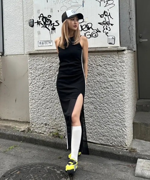 セール】メッシュコンビロングドレス（ワンピース）｜ACLENT