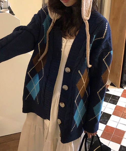 R13 グレー ネイビー ダイヤモンド柄 カーディガン Lace Ladies（レースレディース） カーディガン Vネック 配色 ダイヤ柄