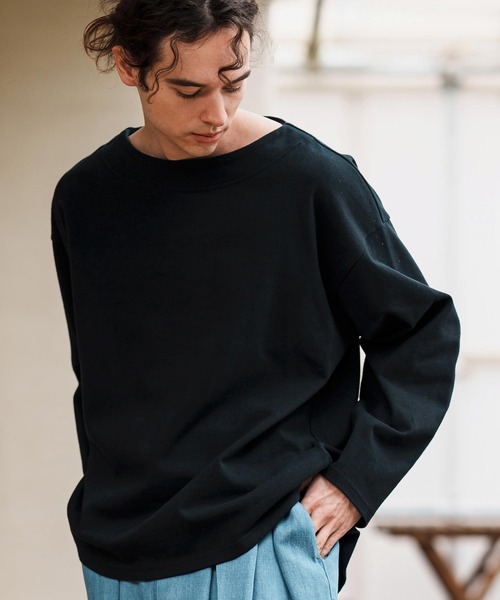 CAMBIO(カンビオ)の「mlt5088-ボートネックボクシーロンT(Tシャツ/カットソー・メンズ・ホワイト/ブラック・M/L/XL)」の2枚目の写真