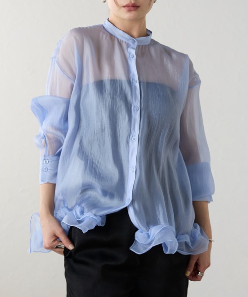 r.（アールドット）の「ワッシャーオーガンジー　裾フリルブラウス（シャツ/ブラウス・レディース・チャコールグレー/ブルー/ブラック/アイボリー・FREE）」の6枚目の写真
