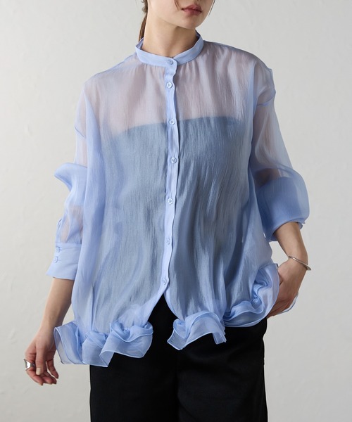 r.（アールドット）の「ワッシャーオーガンジー　裾フリルブラウス（シャツ/ブラウス・レディース・チャコールグレー/ブルー/ブラック/アイボリー・FREE）」の7枚目の写真
