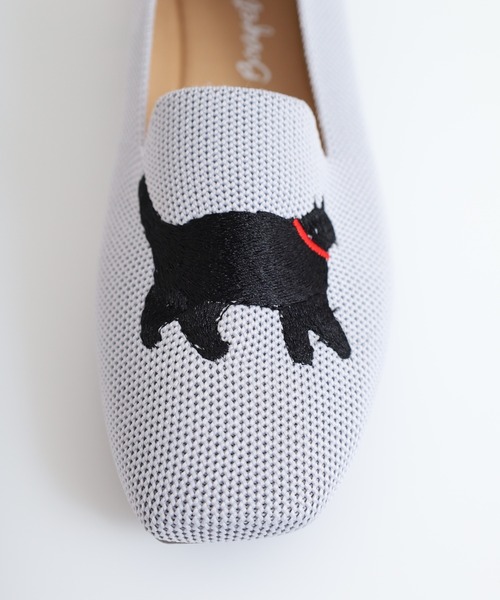 セール】HSKS 洗える 軽量 ローヒール スクエア 猫刺繍 アニマル
