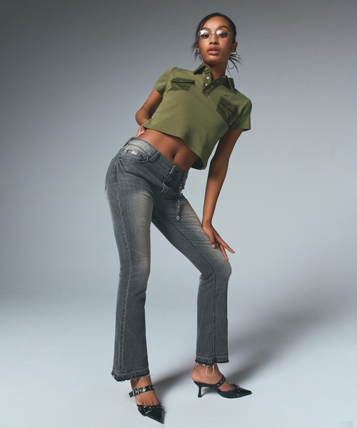 X-girl（エックスガール）の「WOVEN MIX POLO TOP（ポロシャツ・レディース・ブラック/オリーブ・S/M）」の11枚目の写真