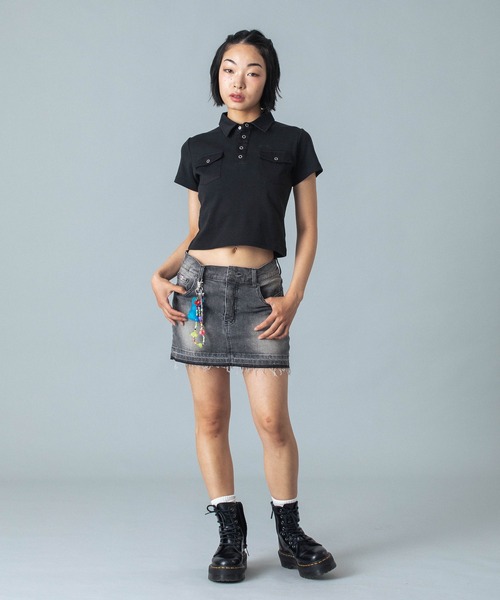 X-girl（エックスガール）の「WOVEN MIX POLO TOP（ポロシャツ・レディース・ブラック/オリーブ・S/M）」の14枚目の写真
