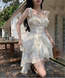 【Y2Kガーリー】 春夏新作 レース アシンメトリー ストラップ ドレス