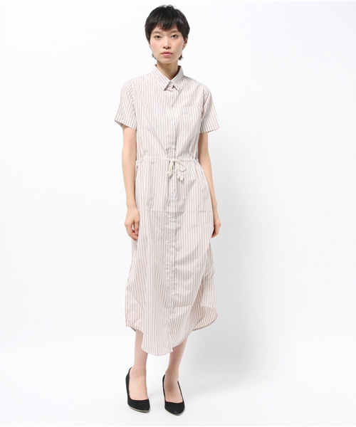 SEVENDAYS=SUNDAY(セブンデイズサンデイ)の「ロンドンストライプ 半袖シャツワンピース(ワンピース・レディース・ベージュ・LARGE/MEDIUM)」の1枚目の写真