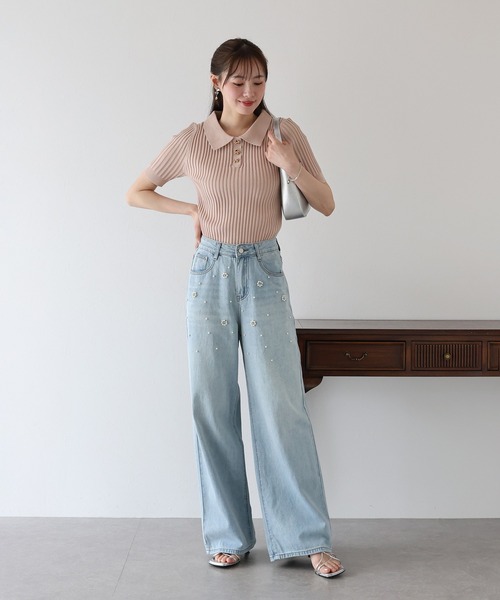 BLUEEAST(ブルーイースト)の「パールフラワーデニムパンツ(デニムパンツ・レディース・ブルー・LARGE/MEDIUM/SMALL)」の5枚目の写真