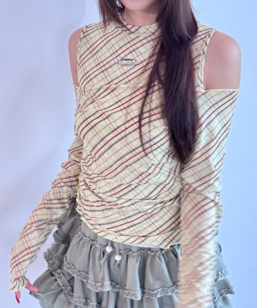 完売商品タグ付き✨シンメトリージップ デザインシアーブルゾン セール】【チェック】シアーアシメカットロンTシャツ（Tシャツ