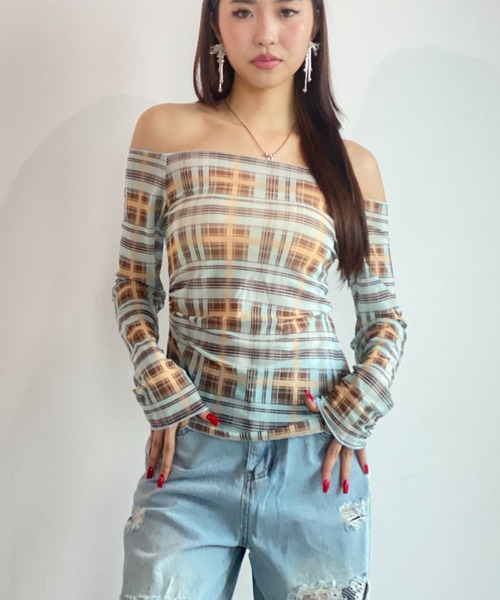 セール】【チェック】シアーアシメカットロンTシャツ（Tシャツ