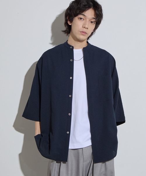 SLICK/スリック】Dot Air Seersucker Band Collar Dolmansleeve
