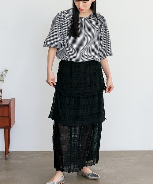 No Rule No Line（ノール－ルノーライン）の「シアーチュールティアードスカート ロングスカート マキシスカート シアースカート フリルスカート（スカート・レディース・アイボリー/ブラック・FREE）」の3枚目の写真