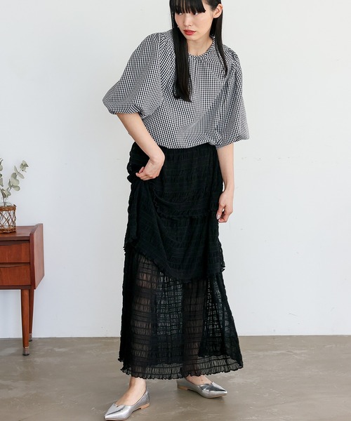No Rule No Line（ノール－ルノーライン）の「シアーチュールティアードスカート ロングスカート マキシスカート シアースカート フリルスカート（スカート・レディース・アイボリー/ブラック・FREE）」の4枚目の写真