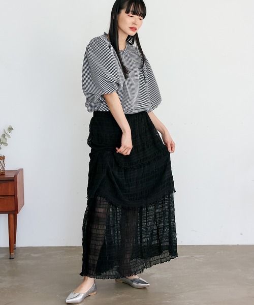 No Rule No Line（ノール－ルノーライン）の「シアーチュールティアードスカート ロングスカート マキシスカート シアースカート フリルスカート（スカート・レディース・アイボリー/ブラック・FREE）」の7枚目の写真