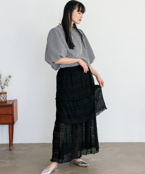 No Rule No Line（ノール－ルノーライン）の「シアーチュールティアードスカート ロングスカート マキシスカート シアースカート フリルスカート（スカート・レディース・アイボリー/ブラック・FREE）」の8枚目の写真
